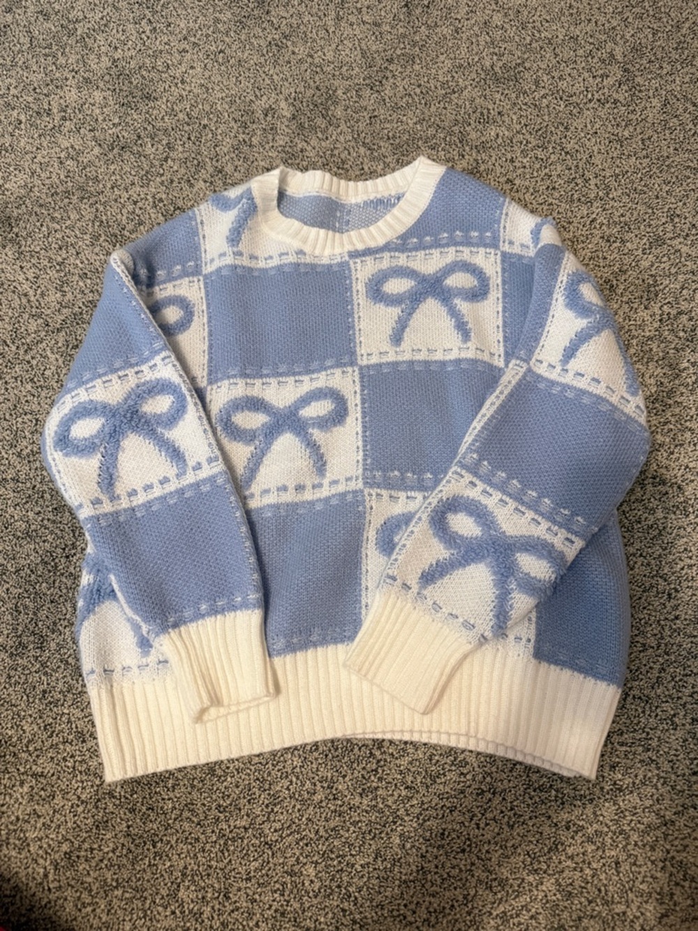 SHEIN Blue and White Bow Sweater